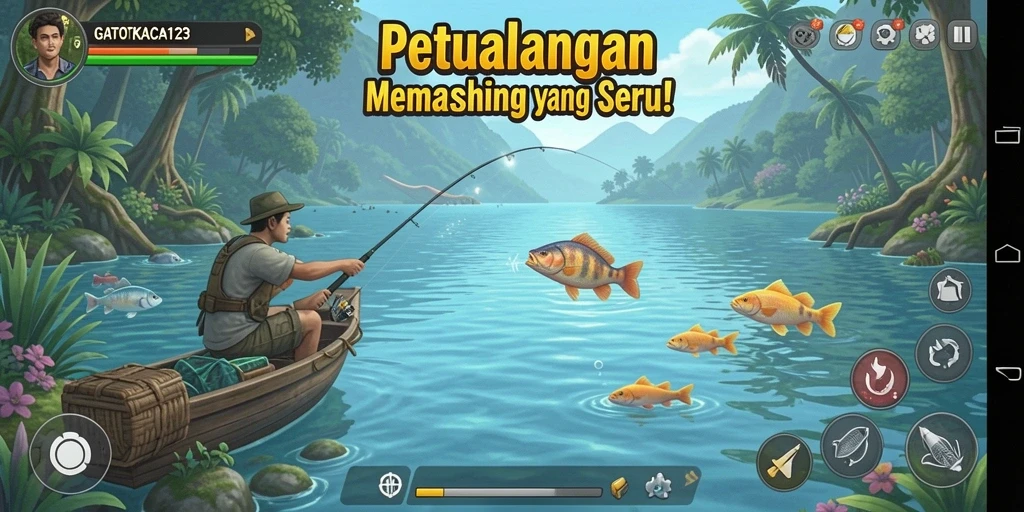 Tangkapan layar dari gameplay GATOTKACA123 menampilkan aksi memancing seru di lingkungan yang indah.