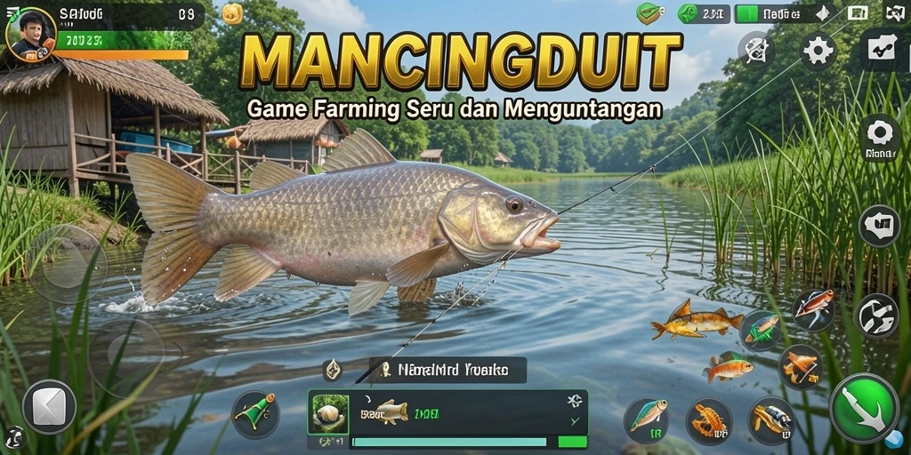 Screenshot gameplay MANCINGDUIT menampilkan petani yang memanen hasil pertanian dan memancing.